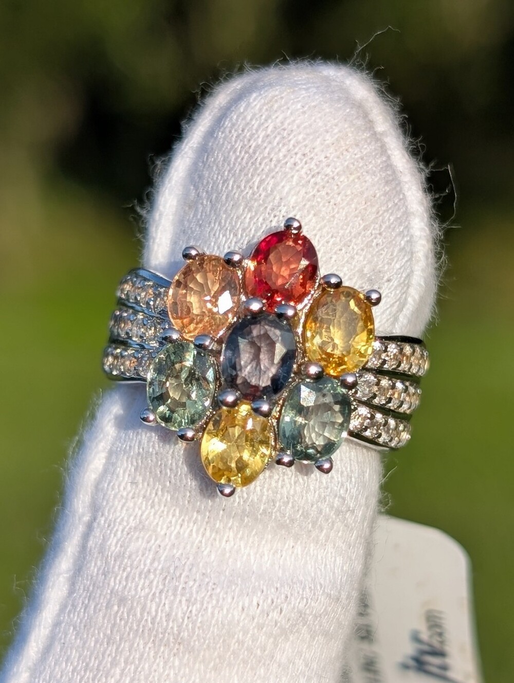 Rare Multi-Color Sapphire Floral Cluster Ring -4.15ctw Rhodium Plated 925 Silver